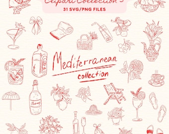 Hand Drawn Mediterranean Clipart Part 3 | 31 SVG PNG Coastal Food & Lifestyle Line Art | Cute Outline Illustrations for Invitations, Menus