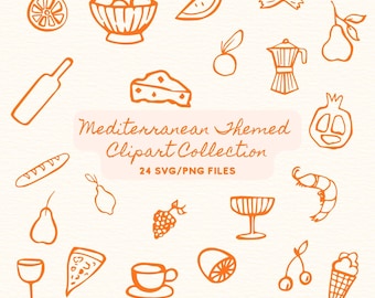 Hand Drawn Mediterranean Clipart Collection | 24 SVG PNG Food & Drink Line Art | Cute Outline Illustrations for Menus, Invitations, Branding