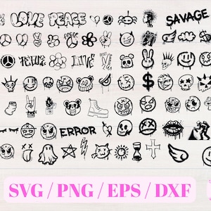 Op de afbeelding: Een verzameling zwart-wit illustraties in graffitistijl, waaronder vredestekens, smileygezichten, schedels en de woorden "LOVE PEACE" en "SAVAGE". De afbeelding bevat ook de tekst "SVG / PNG / EPS / DXF".