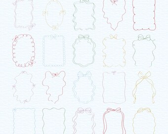 May include: A collection of 20 hand-drawn frames in various shapes, outlined in pastel colors like pink, green, and yellow. Each frame features delicate bow accents, perfect for digital art or scrapbooking projects. The text "Hand Drawn Frames Collection" is at the top.