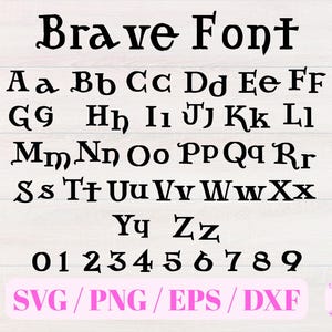 May include: A complete alphabet and number set in a bold, black "Brave Font" style. The letters and numbers are displayed against a light wood grain background. The image also includes the file types: SVG, PNG, EPS, and DXF.