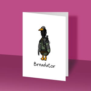 Machine à pain | Carte de voeux inspirée d'un prédateur, carte d'anniversaire, carte-cadeau, cartes rigolotes, oie, klaxon, film d'action, chasseurs, proie