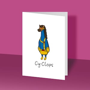 Cyclops | Op X-Men geïnspireerde wenskaart, verjaardagskaart, cadeaukaart, grappige kaarten, paard, stripboek, Jean Grey, mutant, cycloop