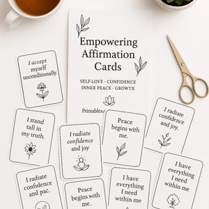 Set de Tarjetas de Afirmaciones Imprimibles – 45 Tarjetas de Amor Propio, Confianza, Paz Interior y Crecimiento – Baraja Minimalista de Mindfulness en Blanco y Negro – A4 PDF