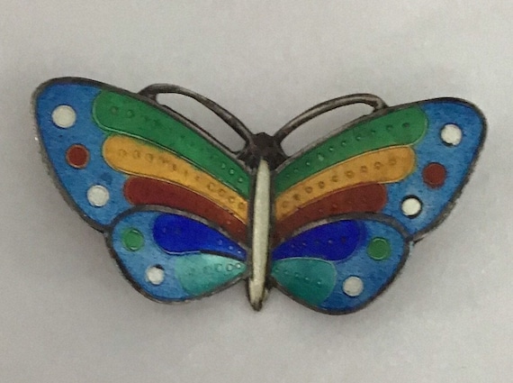 Vintage Sterling rainbow enamel butterfly pin Tha… - image 1