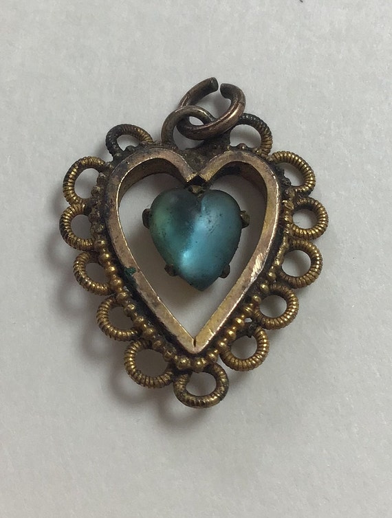 Antique sapphire heart pendant in brass setting - image 3