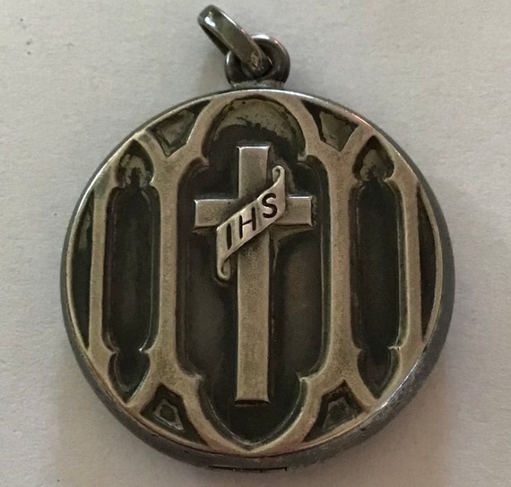 Vintage sterling IHS Jesus religious locket Mary - image 1