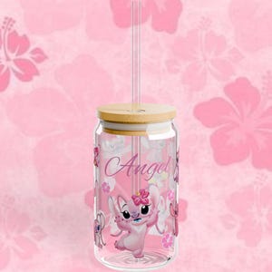 Stitch Angel Sipper Glass, 16oz - Cartoon Character Drinkware, Cute Kitchen Decor, Gift for Disney Lovers, Collectible Tumbler, Animated