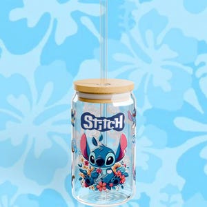 Stitch Decorated Sipper Glass, Disney Drinkware, Lilo and Stitch Fan Gift, Cute Cartoon Film Inspired Mug, Character Design Glassware