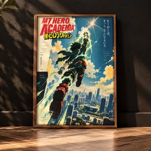 Peut inclure: Une affiche encadrée présentant le logo My Hero Academia et un personnage volant vers un soleil éclatant au-dessus d'un paysage urbain. L'illustration inclut du texte en japonais et en anglais, avec des couleurs vives bleu, jaune et vert.