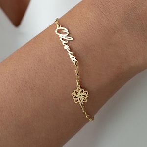 Pulsera personalizada con nombre y flor de nacimiento y piedra de nacimiento. Pulsera con nombre y flor de nacimiento para niñas. Pulsera con inicial y dije de flor de nacimiento.