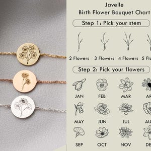 May include: Three bracelets with engraved floral designs. The top bracelet is gold, the middle is rose gold, and the bottom is silver. The image also includes a birth flower bouquet chart with options for stems and flowers.