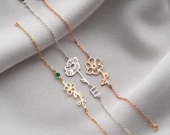 Zierliche Geburtsblume Anfangsarmband Kundenspezifische Geburtsmonatsblumenarmband mit Birthstone Armband mit Initialen Armband mit Geburtsblume