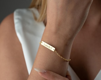 Delicate Baby Bar Bracelet with Name Custom Child ID Bracelet with Name Personalized Cross Name Bracelet Engraved Baptism Bracelet for Girls