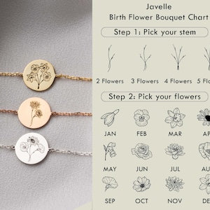 May include: Three bracelets with engraved floral designs. The top bracelet is gold, the middle is rose gold, and the bottom is silver. The image also includes a birth flower bouquet chart with options for stems and flowers.