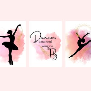 Afdrukbare set balletdanser muurkunst | Roze en gouden decoratie danssilhouet | Citaat &#39;Dansers hebben geen vleugels nodig om te vliegen&#39; Digitale download