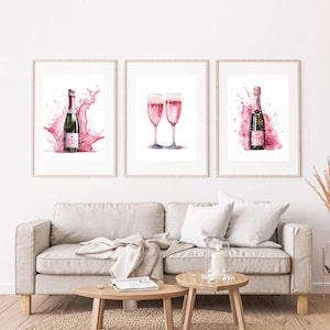 Pink Champagne Wall Art Printable Set of 3 | Rosé Bubbly Digital Download | Bar Cart Decor | Blush Wine Prints | Instant Download Art