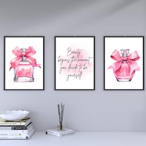 Pink Perfume Bottle Wall Art Set | “Beauty Begins the Moment” Quote | Feminine Glam Printable Decor | Digital Download