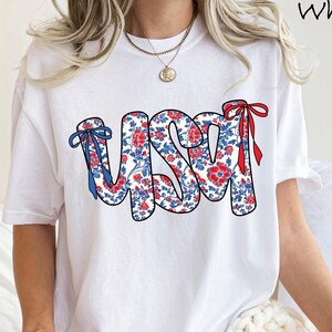 Comfort Colors® Coquette USA Shirt, Floral Patriotic Shirts, 4th of July Women T-Shirt, Stars Stripes USA Flag T-Shirt, Independence Day Tee