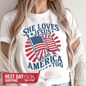 She Loves Jesus And America Too Shirt, Christian Shirt, 4th of July Shirt, Independence Day Tee, Retro America Shirt, USA Flag, Gift for Her
