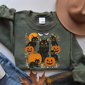 Halloween Black Cat Sweatshirt, Black Cat and Pumpkin Shirt, Halloween Cat Shirt, Cat Lover Sweatshirt, Cat Lovers Gift, Gift for Halloween