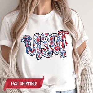 Coquette USA Shirt, Floral Patriotic Shirts, 4th of July Women T-Shirt, Stars Stripes USA Flag T-Shirt, Red White Blue, Independence Day Tee