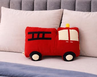 Fire Truck Shaped Pillow, Handmade Plush Cushion for Boys, Firefighter Nursery Decor, Fire Engine Pillow, Toddler Room Gift