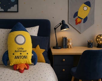 Set of Rocket Pillow and Pennant Flag, Personalized Space Nursery Decor, Boy Room Astronaut, Gift for Toddler