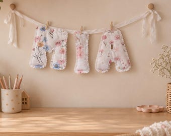 Floral Fabric Letters Name Garland, Baby Girl Nursery Decor, Custom Cotton Letter Bunting, Boho Flower Wall Banner, Personalized Gift