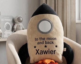 Neutral Rocket Pillow, Boho Nursery Decor, Personalized Name Cushion, Beige Black Rocket, Modern Kids Room, Custom Astronaut Gift
