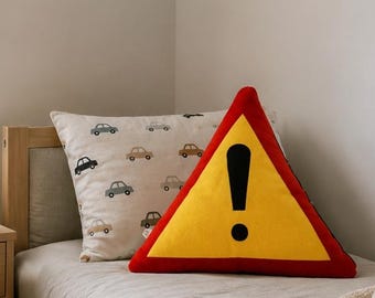 Warning Road Sign Pillow, Traffic Sign Cushion, Car Lover Gift, Driving Instructor Gift, New Driver Gift, Truck Driver Decor