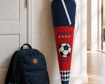 Football School Cone 70cm Personalised Name, Red Navy Diamond Schultüte, Cotton Pillow Insert, First Day of School Gift Boy 2026