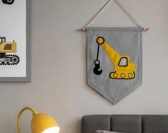 Personalised Crane Flag Bunting ,Construction Nursery Decor ,Handmade Tower Crane Pennant for Boys Room, Vehicle Wall Hanging, Playroom Art