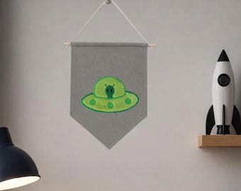 Rocket Pennant Flag Boy Nursery Decor, Spaceship UFO Space Theme Wall Hanging, Kids Bedroom Playroom Birthday Gift