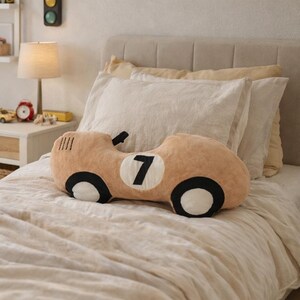 ace car pillow in boys room, motorsport bedroom decor for kids, racing cushion on bed, gift for young car enthusiast