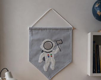 Astronaut Pennant Flag, Banner Embroidered Galaxy, Moon Nursery Decor,  Boy Room Wall Hanging Space , Kids room decor