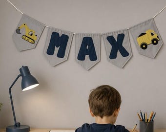 Construction Name Bunting Excavator, Personalized Baby Name Garland Boy, Nursery Wall Decor, Baby Shower Gift, Custom Name Banner