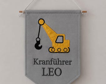 Kran Flag Bunting Boy , Construction Nursery Decor , Personalised Birthday Gift , Playroom Wall Art