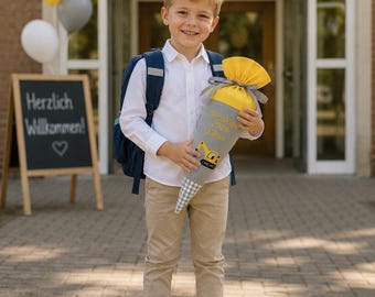 Small Excavator Schultüte 35cm, Mini School Cone for Sibling, Personalized Name Embroidery, First Day of School Gift Boy