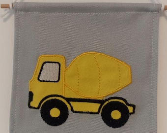 Personalised Concrete Mixer Flag , Construction Nursery Decor , Handmade Cement Mixer Pennant for Boys Room, Vehicle Wall Hanging, Playroom