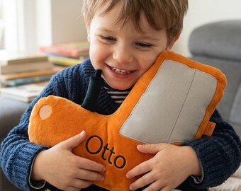 Tractor Plush Cuddly Toy with Embroidered Name, Bedtime Buddy for Toddler, Christmas Stocking Filler, 2nd Birthday Gift for Boy