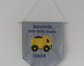 Personalised Dump Truck Door Flag with Name — Construction Nursery Decor — Custom Lkw Banner, Boys Bedroom Door Sign
