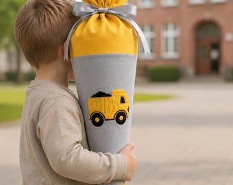 Mini Dump Truck Schultüte, Personalized School Cone 35 cm, Sibling Gift, Custom Embroidered Name, Little Brother School Gift