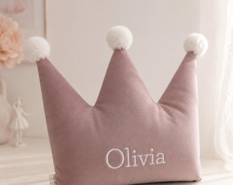 Personalized Crown Pillow for Girls, Custom Name Cushion, Velvet Princess Pillow, Pompom Decor, Embroidered Name Gift, Baby Shower Present