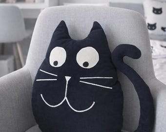 Handmade Cat Pillow,  Black White Kitten Cushion, Nursery Decor, Velour Cat Lover Gift