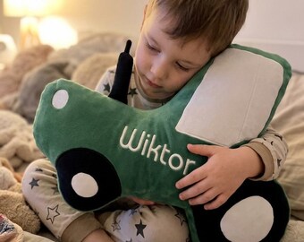 Personalised Tractor Cushion with Embroidered Name, Christmas Gift for Toddler Boy, Preschool Birthday Present, Farm Bedroom Decor
