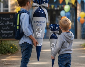 Astronaut Sibling Schultüte Set , Space Themed Fabric Cone 70 and 35 cm , Personalized Name and Date , School Cone
