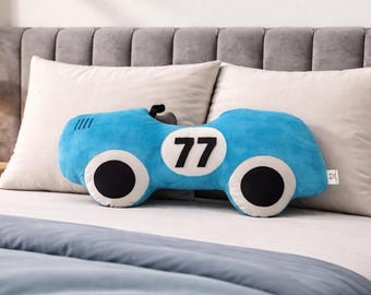 Retro Race Car Cushion with Racing Number, Personalised Vintage Bolide Pillow, Kids Room Decor Gift