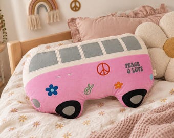 Hippie Van Pillow, Retro Camper Bus Cushion, Peace and Love Embroidered Gift for Hippies, Boho 70s Decor, Handmade Velour Plush