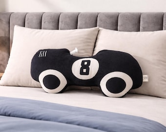 Race Car Cushion Personalised with Number, Big Boy Room Decor, First Day of School Gift, Retro Vintage Pillow